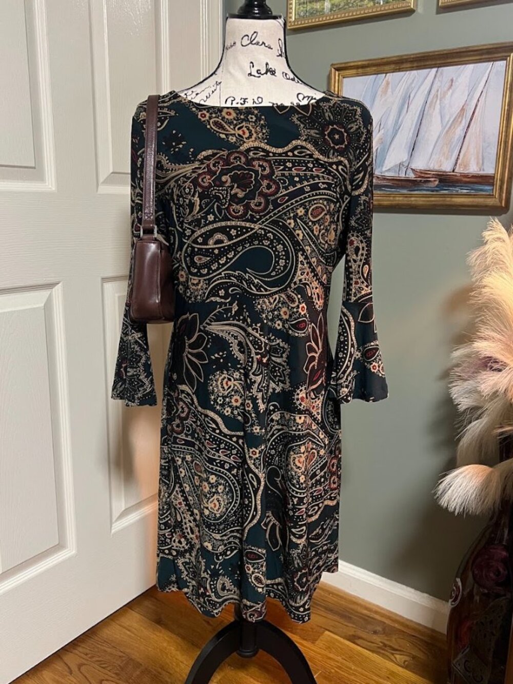 Autumn Marc New York Green Paisley Bell Sleeve Dress Size 8